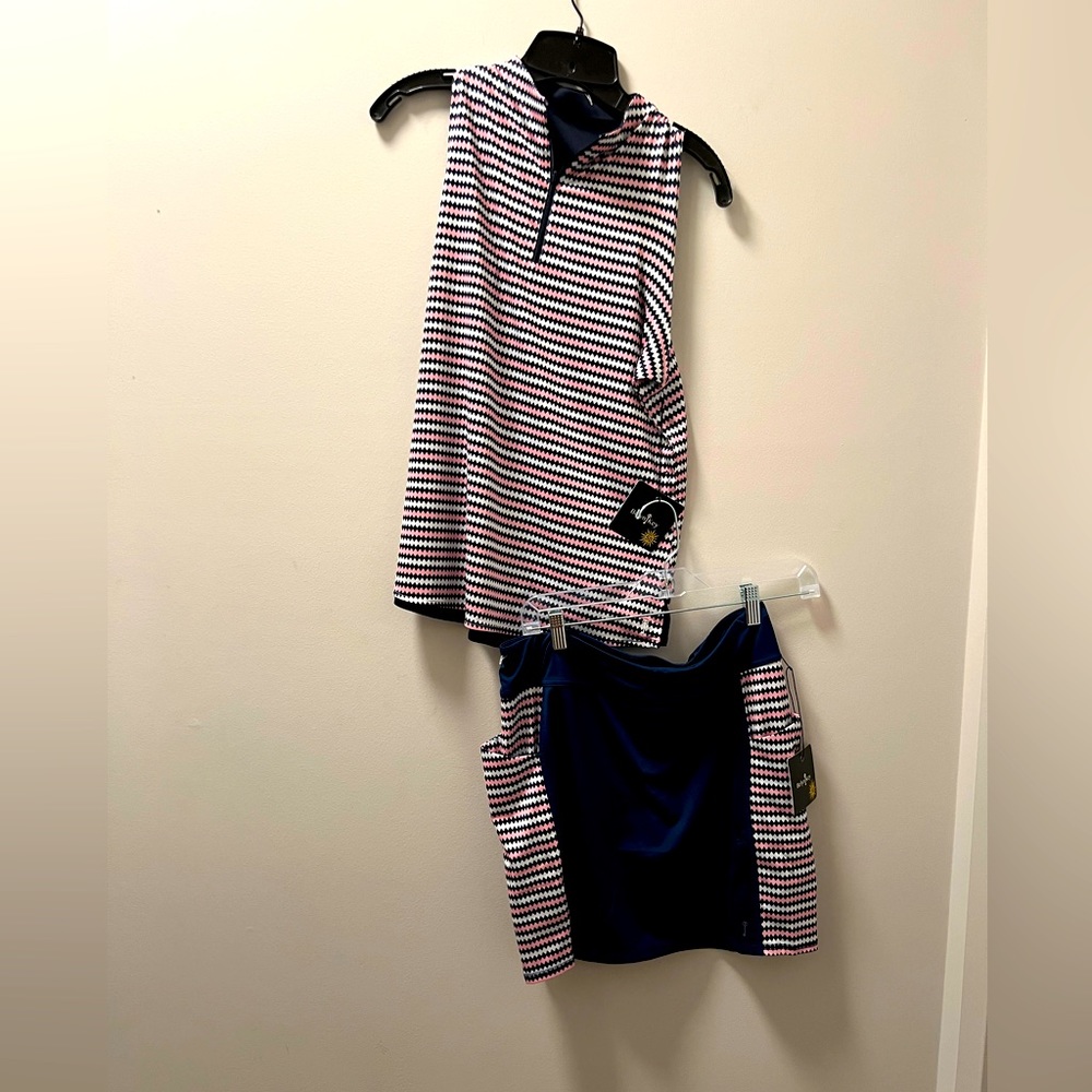 Belyn Key Sleeveless Action Zip Reversible Diamond Stripe Skort Set Small New